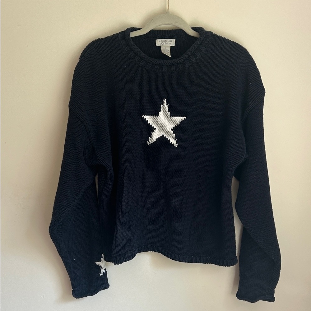 Vintage Christopher & Banks Cotton Roll neck Navy Sweater with White Star Design